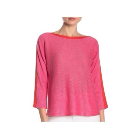 Eileen Fisher Pink Bateau Neck Organic Linen Sweater CHRLN Pink and Red Large - Picture 1 of 9